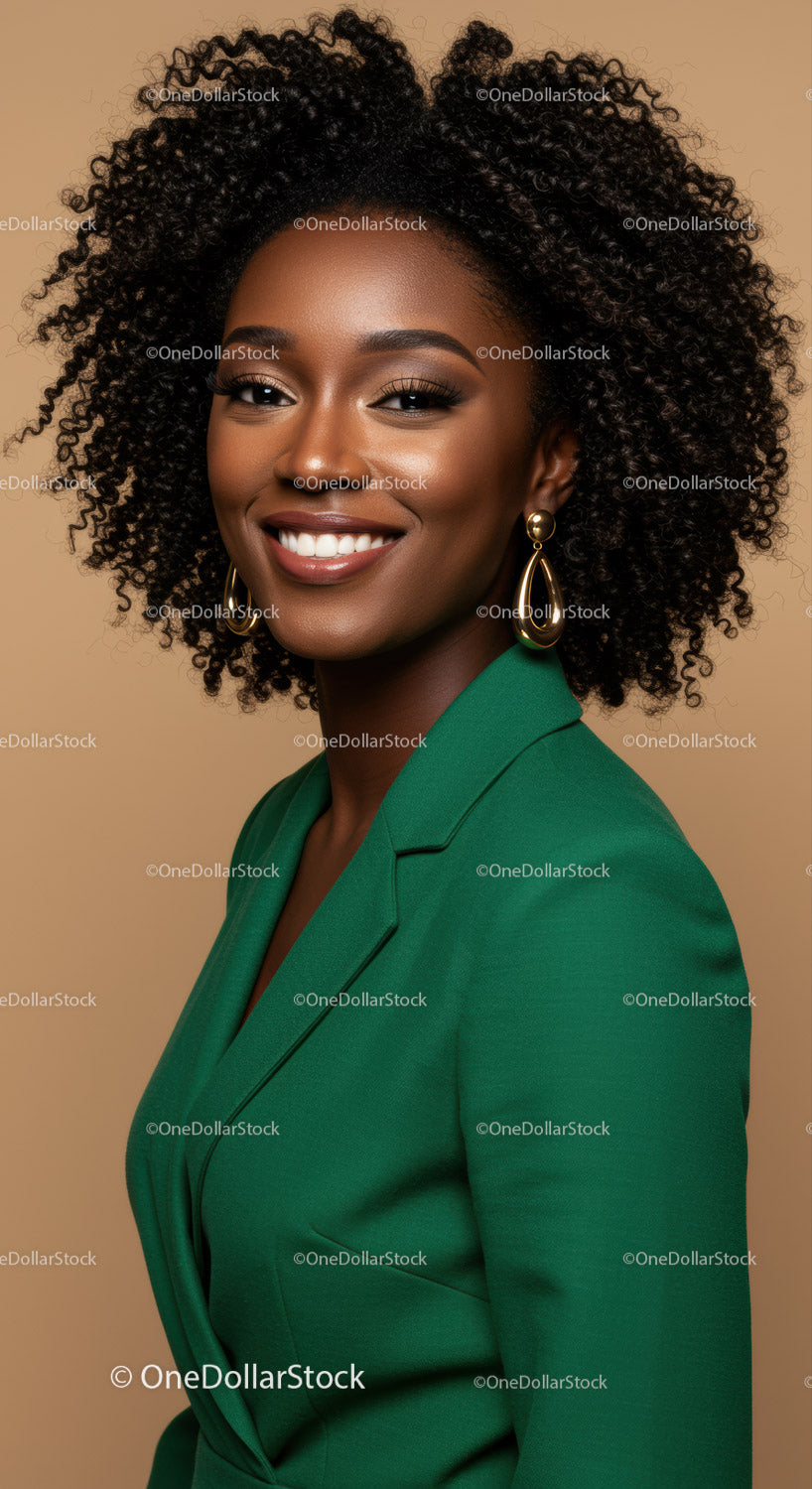 Elegant Black Woman with Curly Hair Wearing Green Blazer Studio Portrait