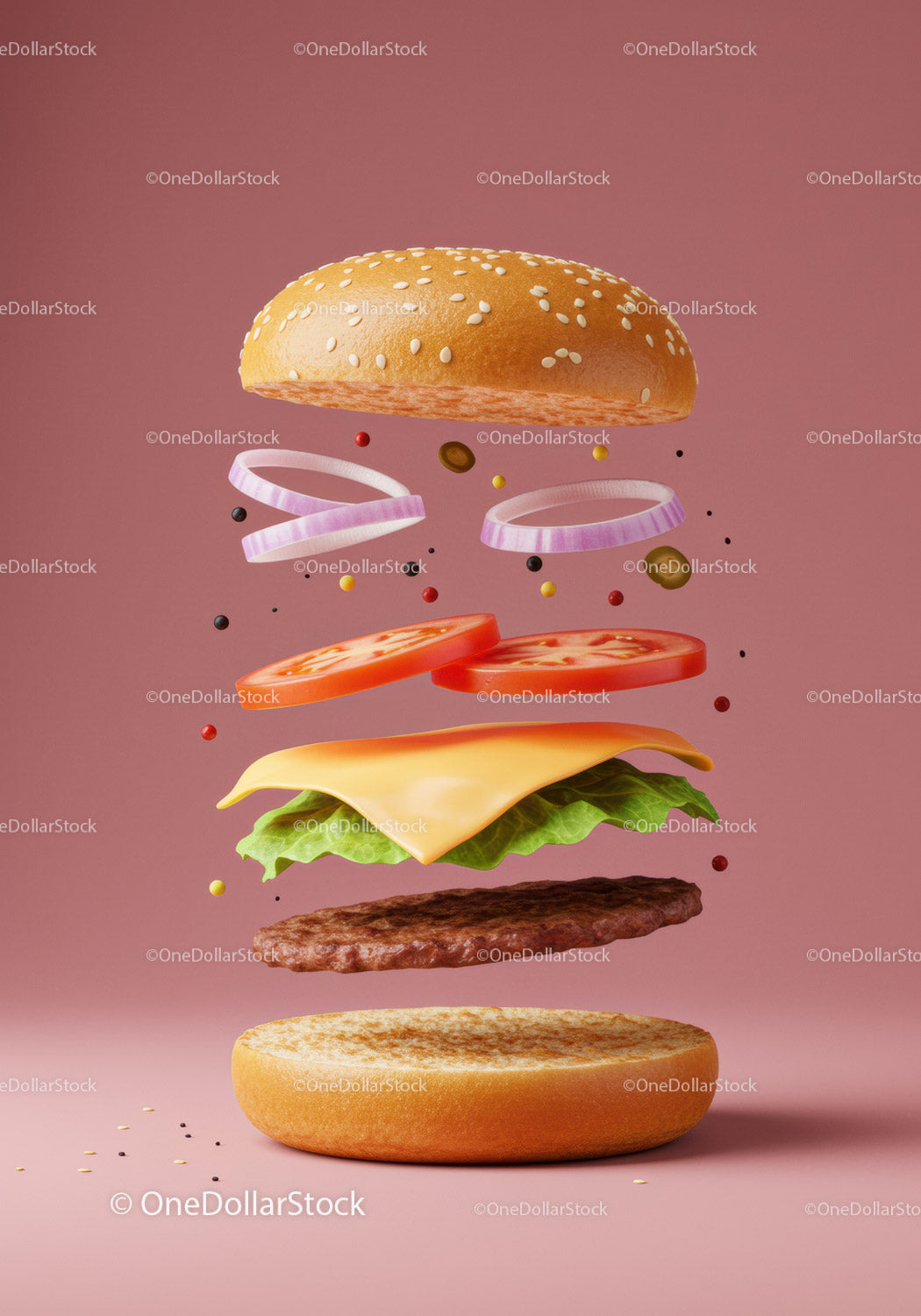 Zdekonstruowane składniki cheeseburgera unoszące się na różowym tle