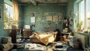 Messy Living Room with Sunlit Green Walls and Cluttered Shelves