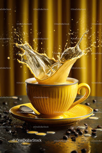 Yellow Coffee Cup with Splash and Coffee Beans in Studio Setting