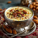 Almond and Pistachio Saffron Flavor Dessert in Ornate Silver Bowl