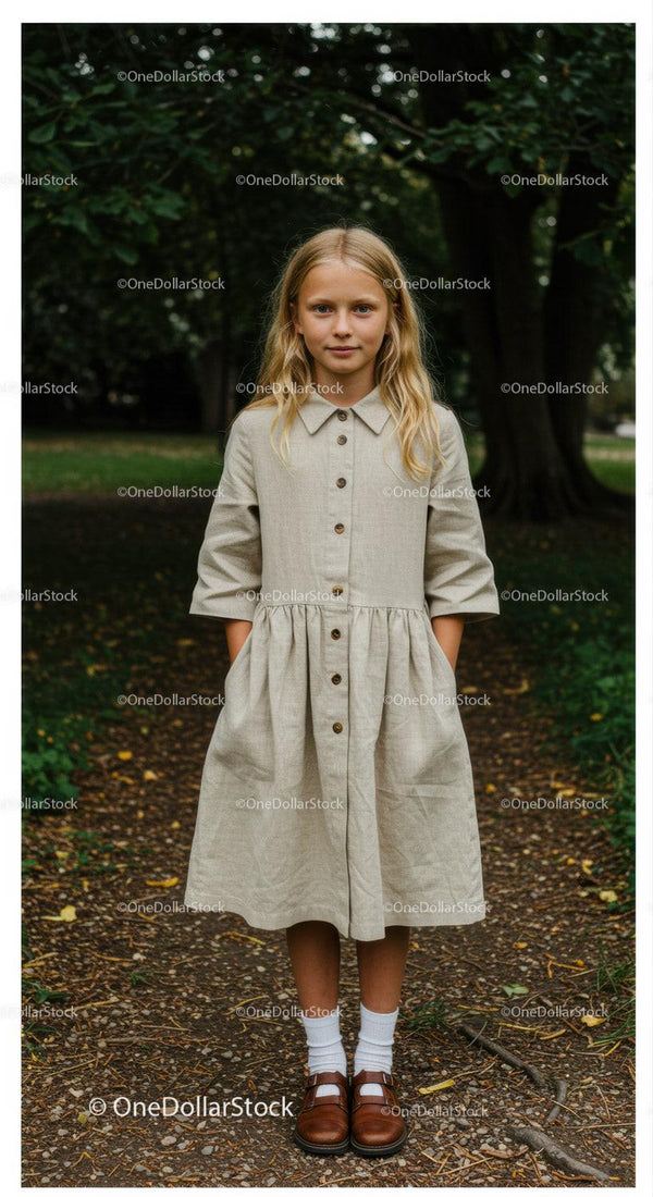 Young Girl Standing in Forest Park During Autumn with Natural Lighting
