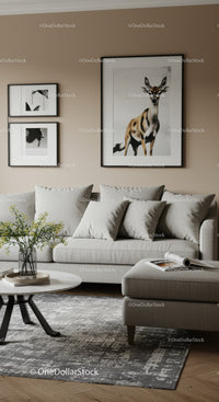 Living Room with Animal Portraits and Modern Decor