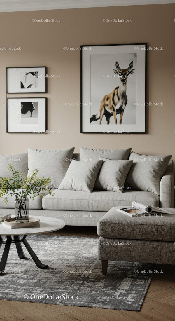 Living Room with Animal Portraits and Modern Decor