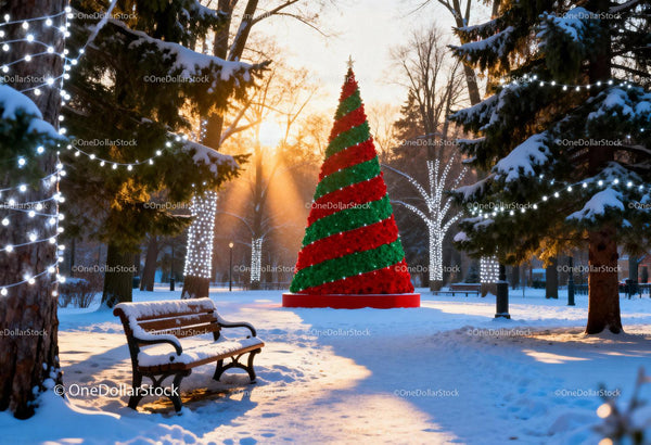 Snow-covered park with festive Christmas tree and lights