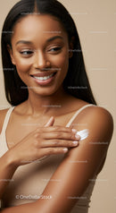 Portrait of a Smiling Woman Applying Lotion to Her Arm for Healthy Skin