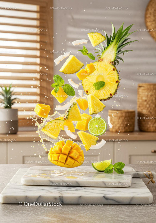 Fresh tropical fruits flying over marble cutting board