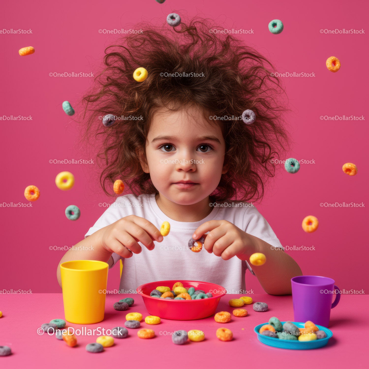 Curly toddler playing with colorful cereal at pink table