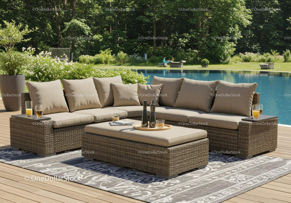 Nowoczesna beżowa sofa modułowa na zewnątrz przy basenie w ogrodzie