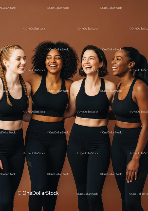 Four diverse women smiling in activewear together
