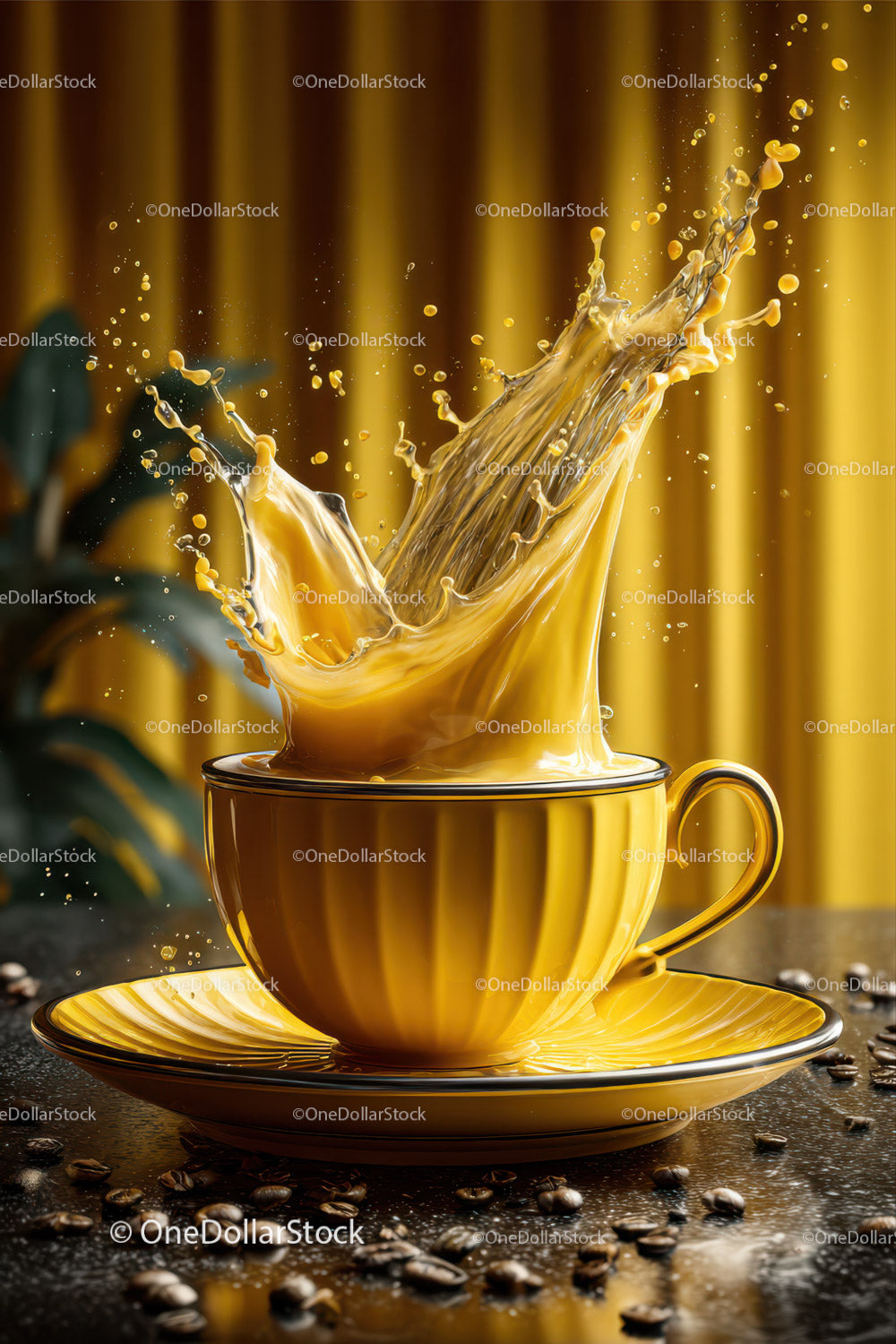 Coffee Cup Splash with Vibrant Yellow Cup and Dynamic Liquid Motion