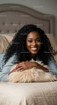 Smiling young woman relaxing on bed with fluffy pillow