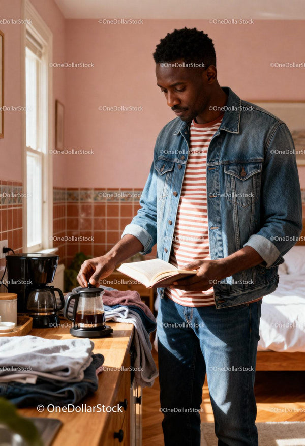 Man Brewing Coffee While Reading a Book at Home