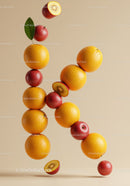 Floating Oranges and Red Kiwifruits with Leaf on Beige Background