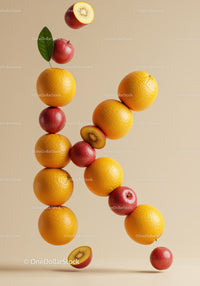Floating Oranges and Red Kiwifruits with Leaf on Beige Background