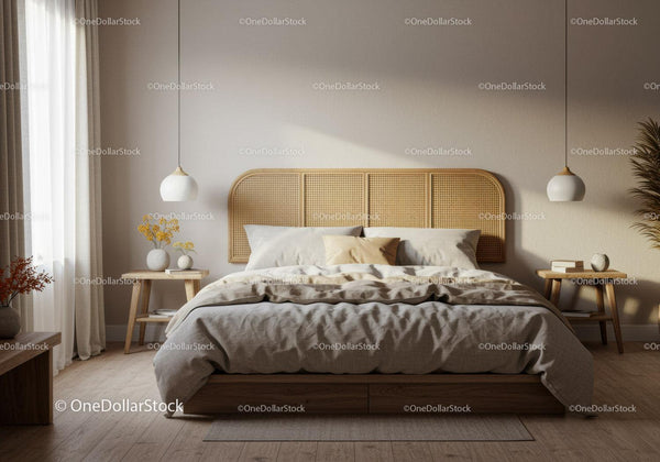 Cozy bedroom with natural textures and warm lighting