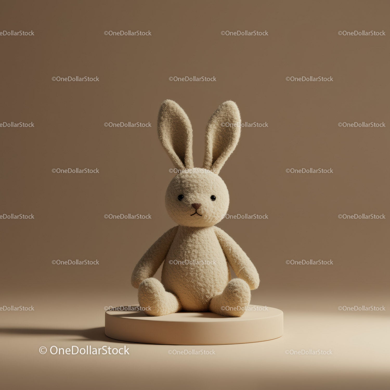 Soft Plush Bunny Sitting on Round Pedestal in Warm Light