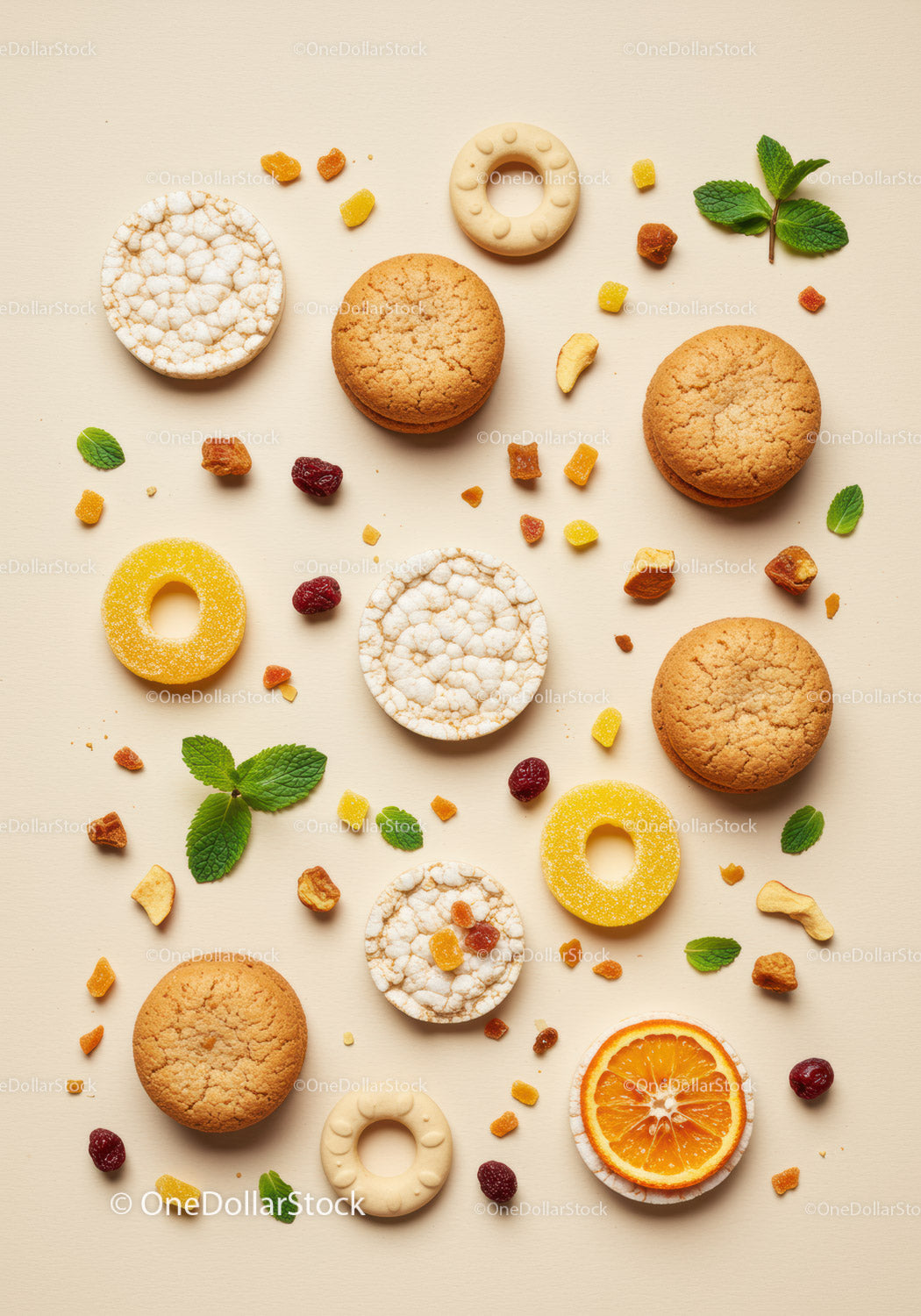 Assorted healthy crackers and dried fruits flat lay
