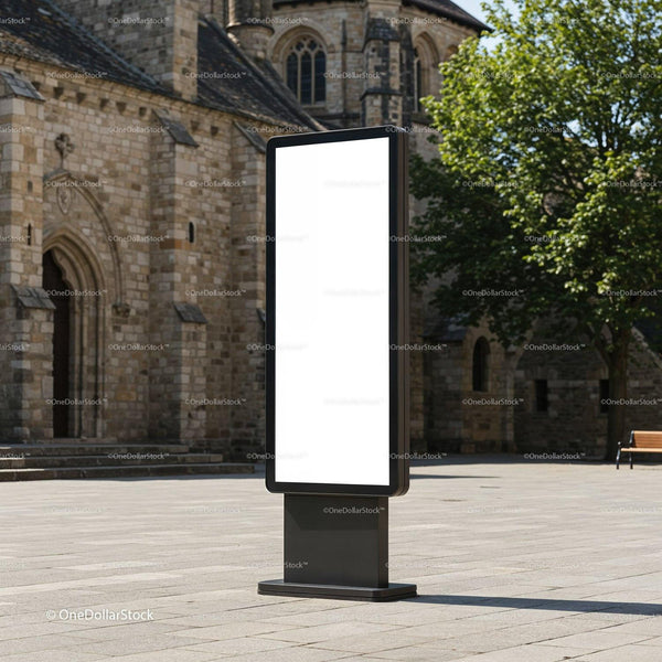 Blank digital billboard in historic town square JPG Mockup Image