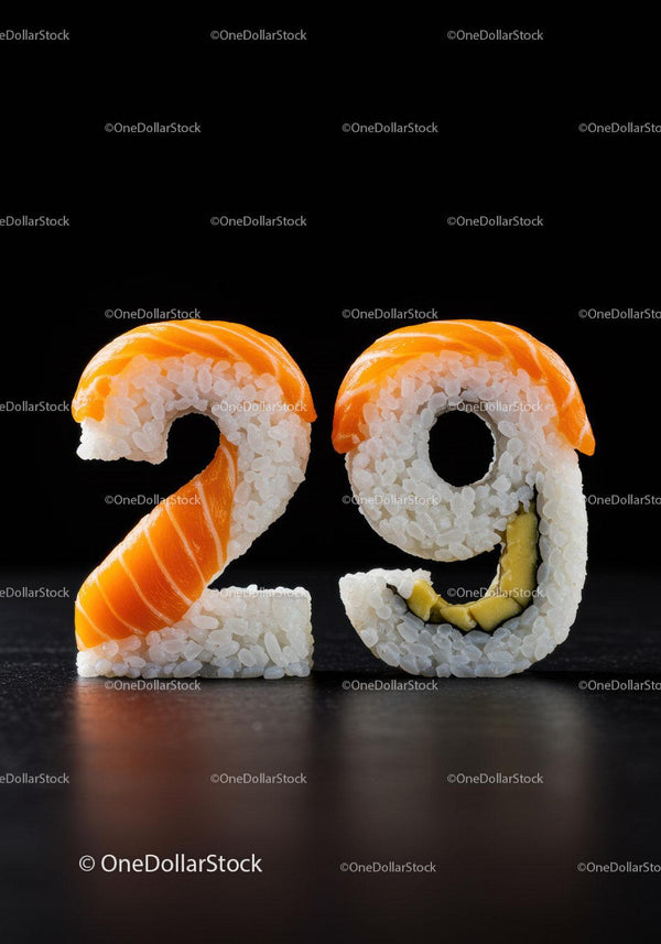 Sushi shaped as numbers twenty nine with salmon