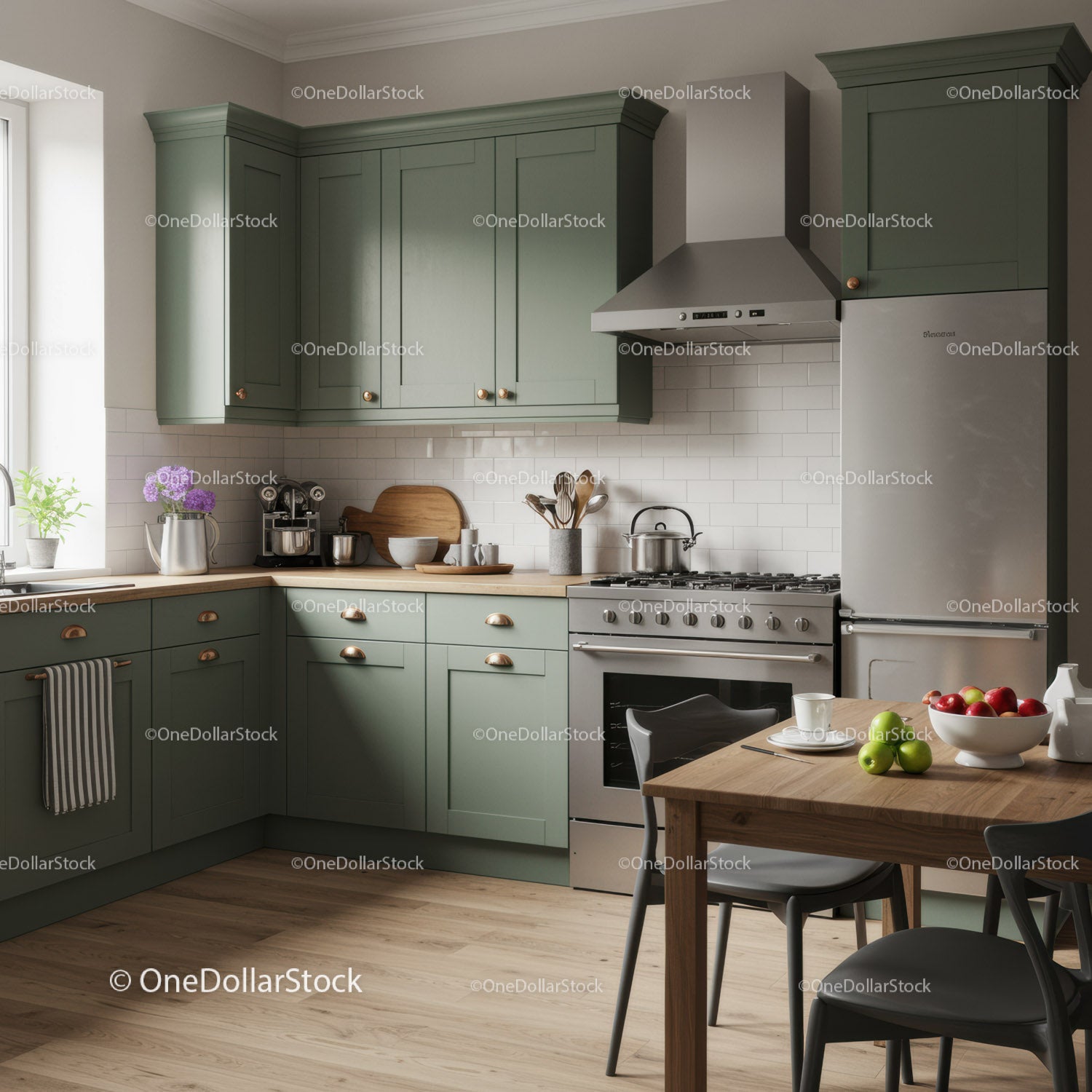 Modern Green Kitchen with Wooden Countertop and Stainless Steel Appliances