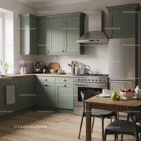 Modern Green Kitchen with Wooden Countertop and Stainless Steel Appliances