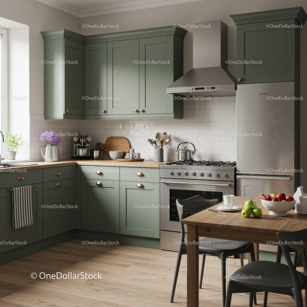 Modern Green Kitchen with Wooden Countertop and Stainless Steel Appliances