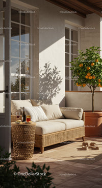 Cozy sunlit terrace with cushioned sofa and orange tree