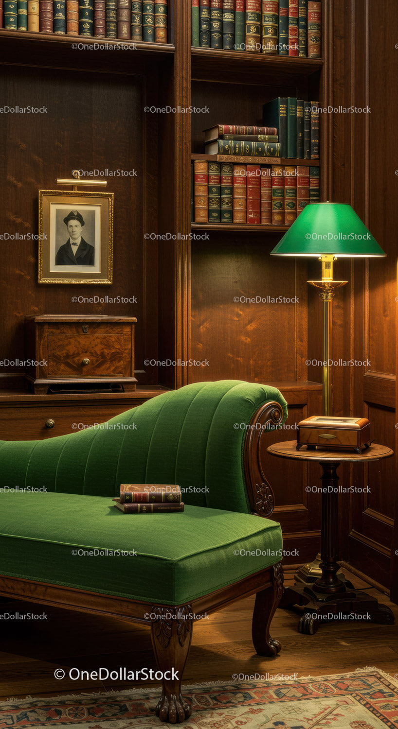 Przytulny, klasyczny kącik biblioteczny z zielonym leżakiem w stylu vintage