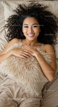 Smiling woman lying in bed holding furry cushion