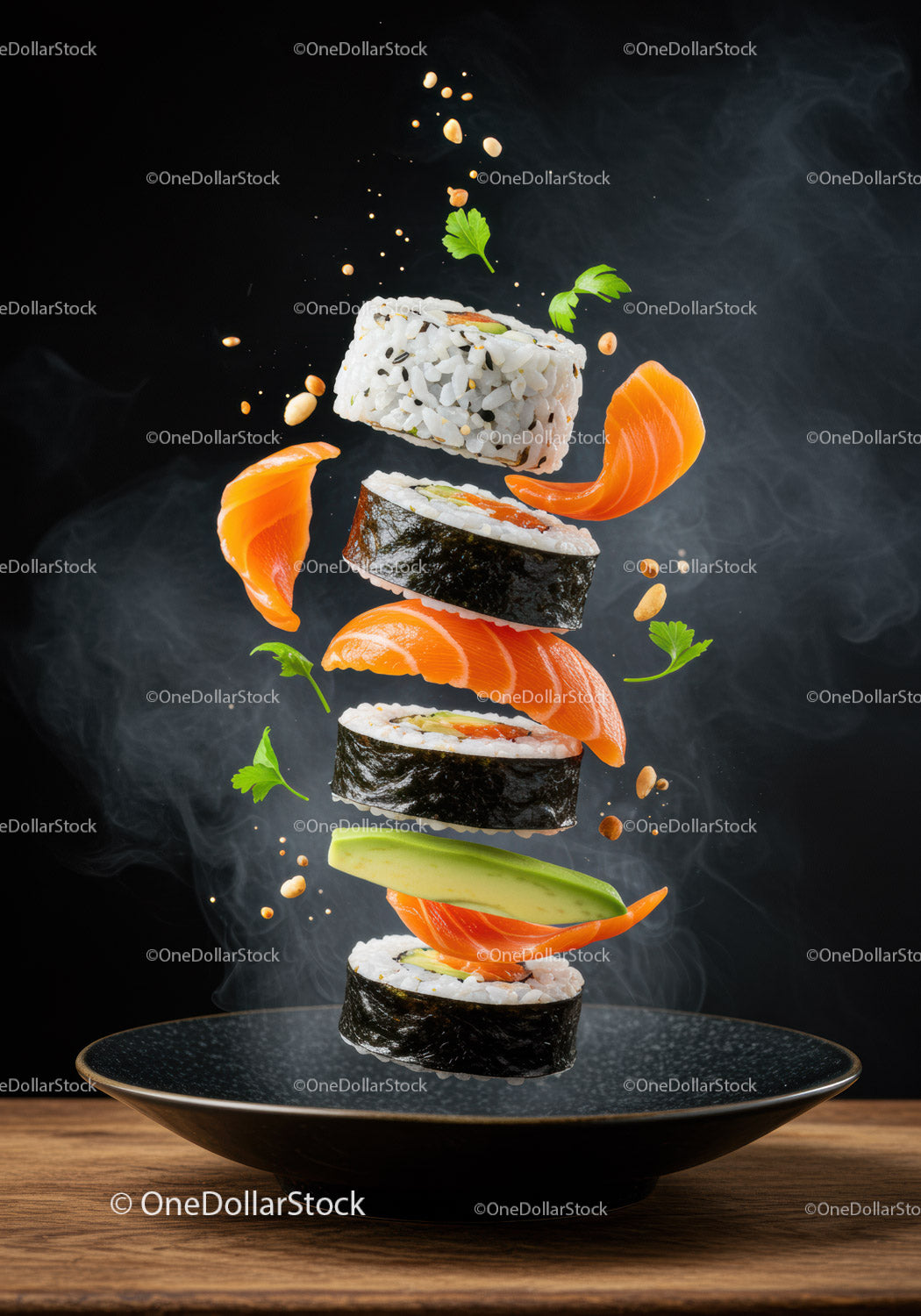 Floating sushi rolls with fresh salmon and avocado slices
