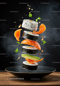 Floating sushi rolls with fresh salmon and avocado slices