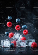 Fresh raspberries and blueberries with ice cubes splash