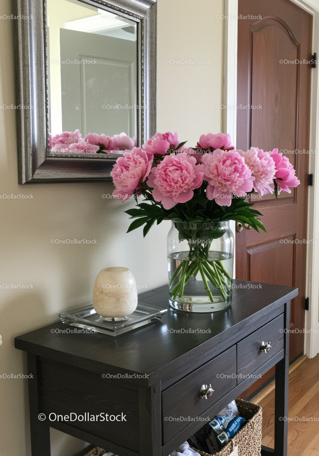 Pink Peonies in Glass Vase on Black Wooden Console Table Interior Decor