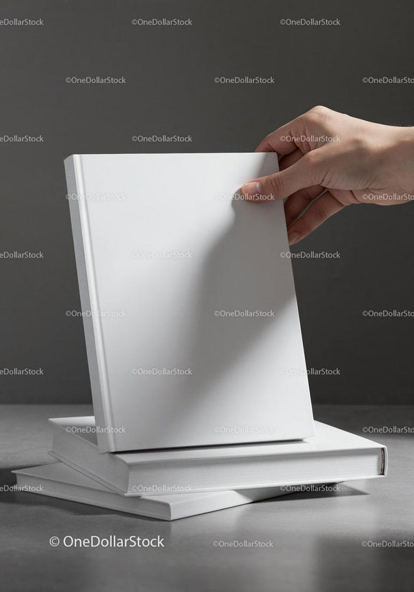 Hand Holding Blank White Book over Stacked Books JPG Mockup Image