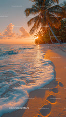 Sunset Over Tropical Beach with Palm Trees and Clear Ocean Water