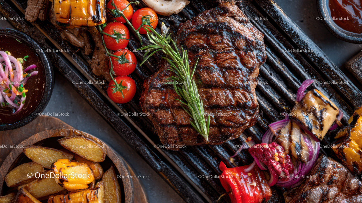 Grillowany stek wołowy z pomidorkami koktajlowymi i ziemniakami na grillu