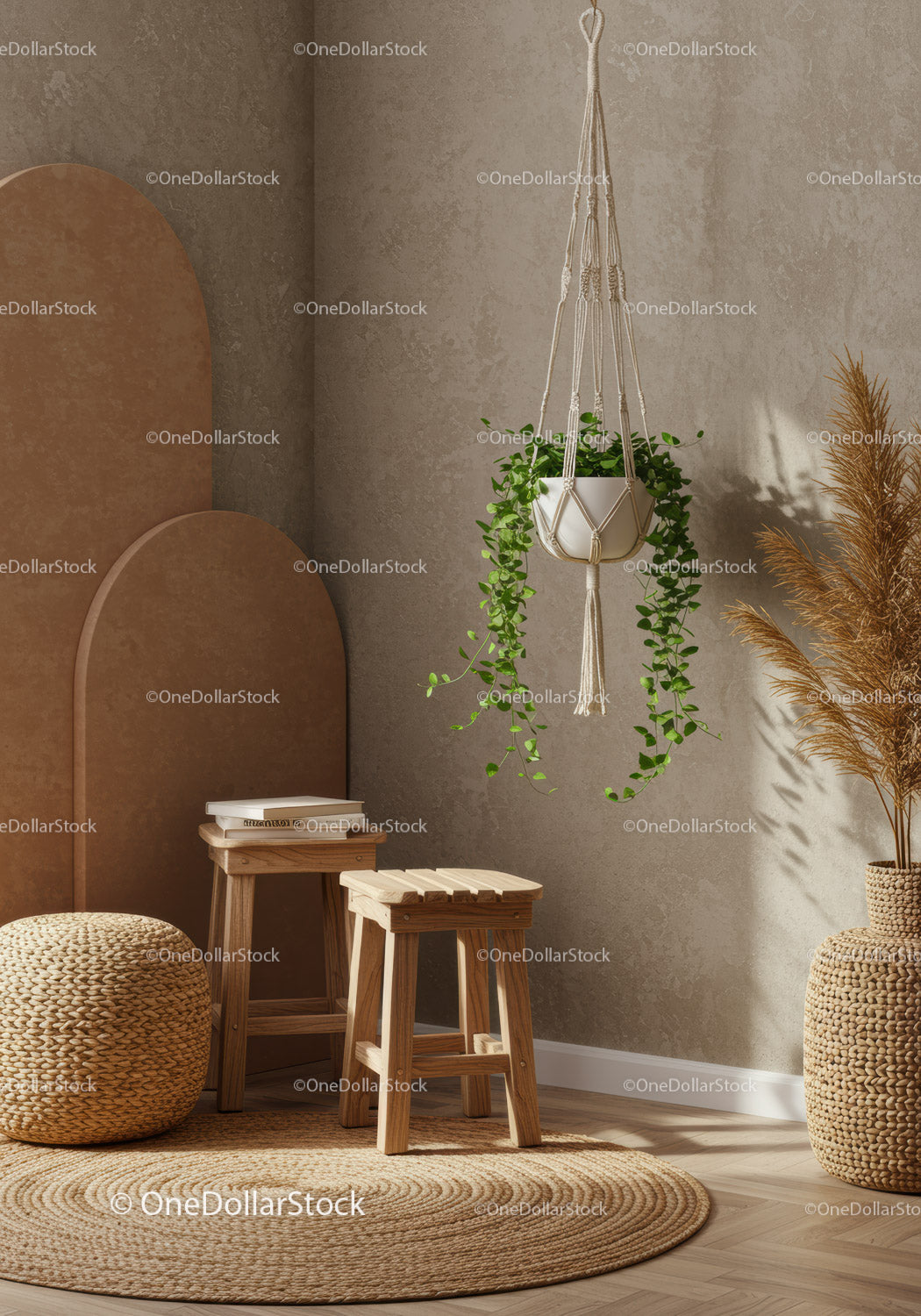 Boho Interior with Hanging Green Plant and Wooden Decor