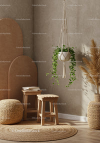 Boho Interior with Hanging Green Plant and Wooden Decor