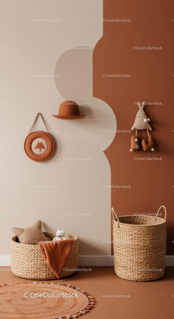 Boho Nursery Decor with Woven Baskets and Plush Animal Toys