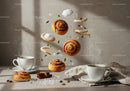Fresh cinnamon rolls with steaming coffee and spices