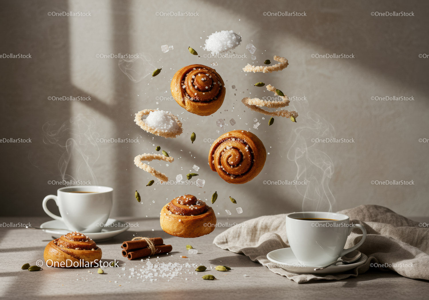 Fresh cinnamon rolls with steaming coffee and spices