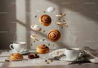 Fresh cinnamon rolls with steaming coffee and spices