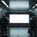 Blurred commuters passing empty illuminated billboard in subway