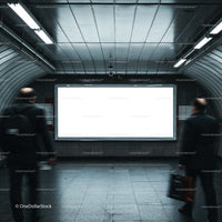 Blurred commuters passing empty illuminated billboard in subway