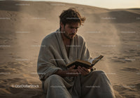 Man Reading Book in Desert Surrounded by Sand Dunes