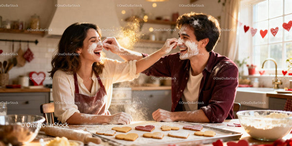 Couple Playfully Baking Heart Cookies in Sunlit Kitchen