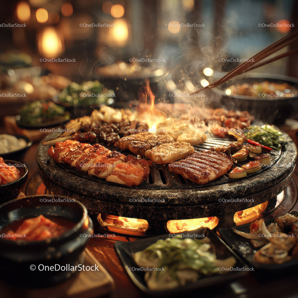 Barbecue Grill with Sizzling Meat and Grilled Vegetables