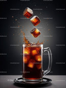 Refreshing iced coffee splash with ice cubes in glass mug