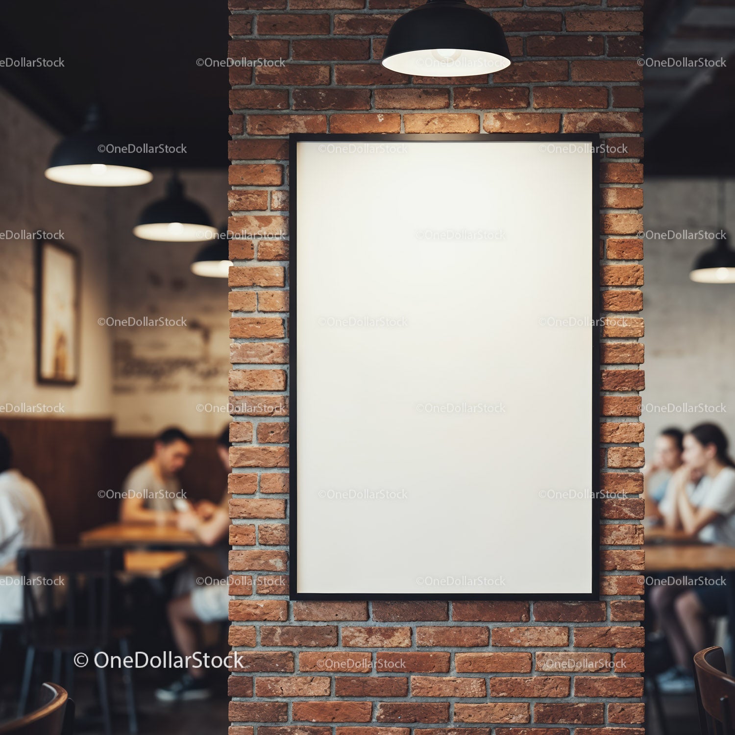 Blank poster on brick wall in cozy modern cafe
